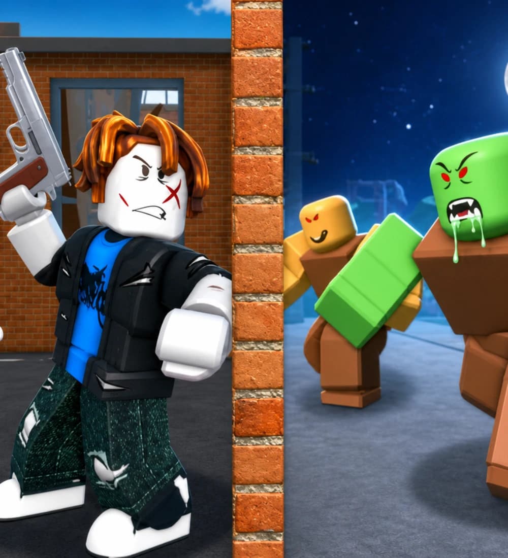 A day and night split showing survivors facing zombies